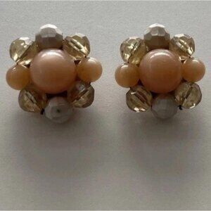 Vintage 1950s Faux Pearl Sea Cream Orange Crystal Cluster Clip on Earrings